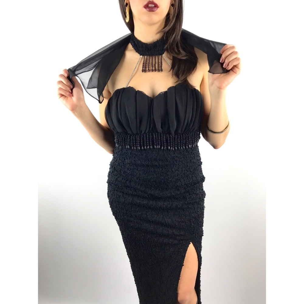 1980’s Black strapless w/ choker + cape lace dress